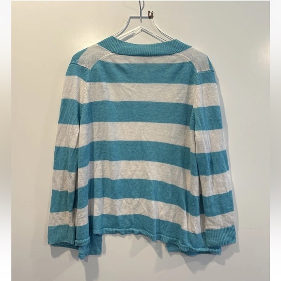 Talbots Turquoise Aqua Blue White Striped Linen Cardigan Womens Size 1XP (242) - Picture 3 of 5